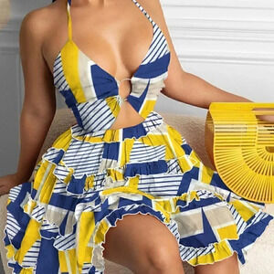 Women's Summer V Neck Hollow Ruffled Swing Dress Blue Yellow Gray